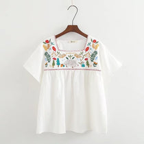 Mori Girls - Short-Sleeve Square Neck Embroidered Blouse