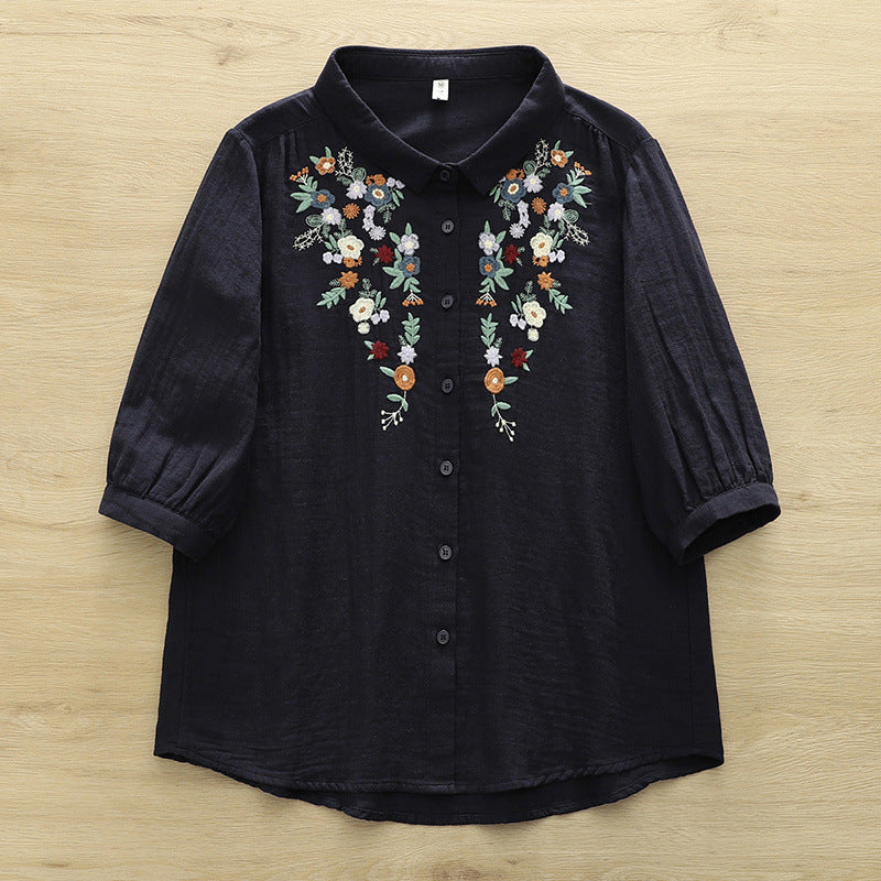 Japanese Style Embroidered Floral Cotton Blouse