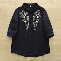 Japanese Style Embroidered Floral Cotton Blouse