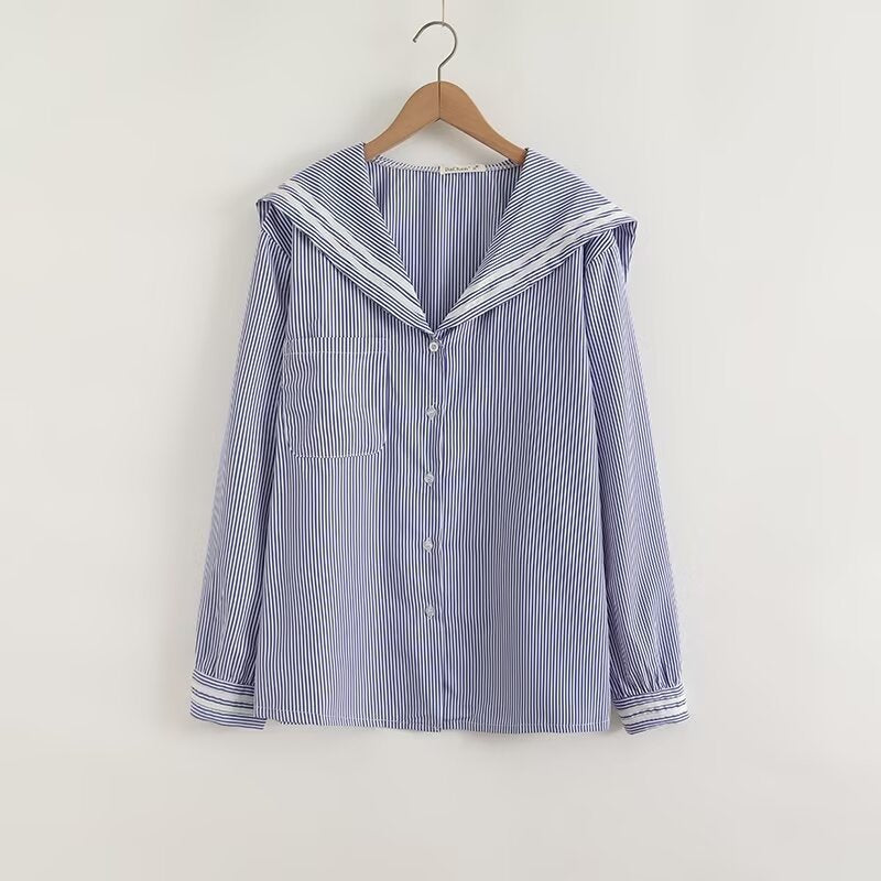 Contrast Sailor Collar Long Sleeve Shirt Blouse