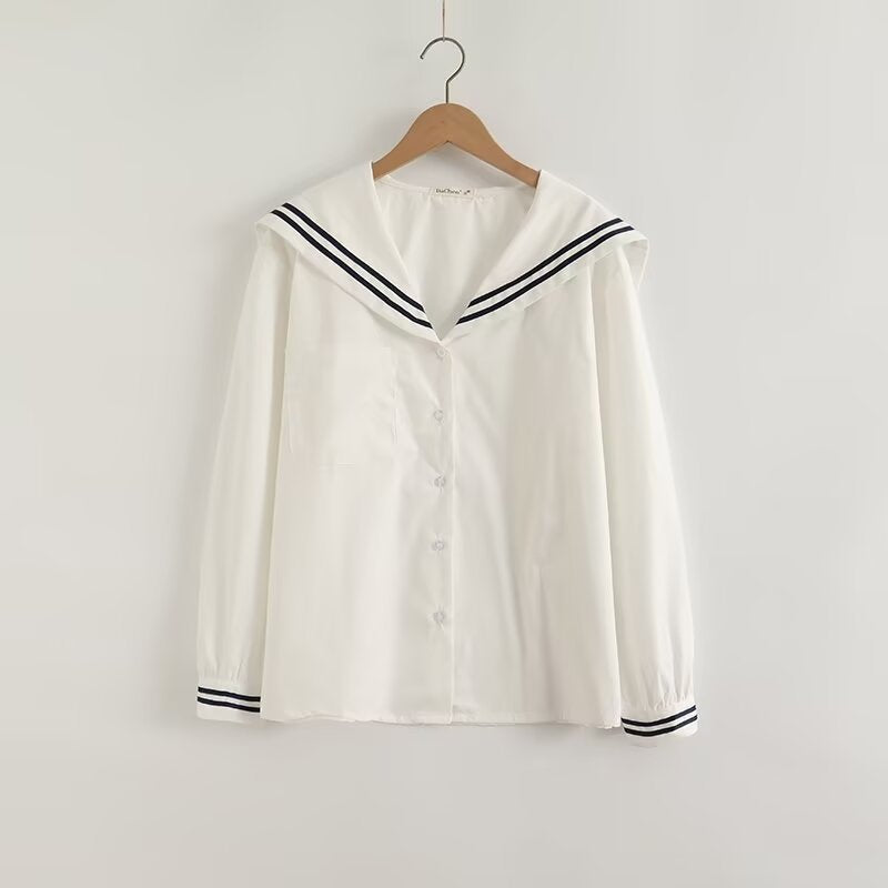 Contrast Sailor Collar Long Sleeve Shirt Blouse