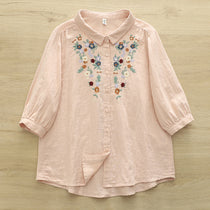 Japanese Style Embroidered Floral Cotton Blouse