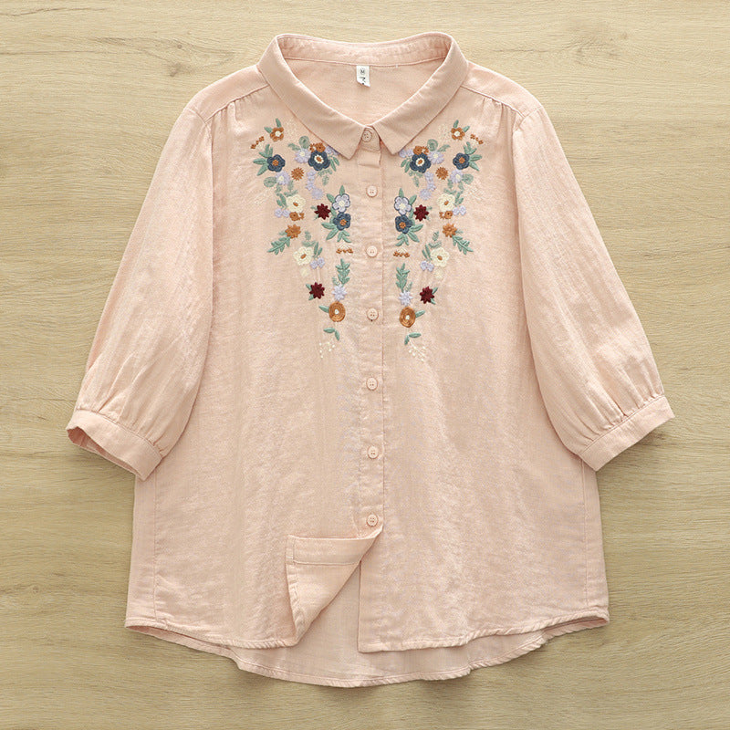 Japanese Style Embroidered Floral Cotton Blouse