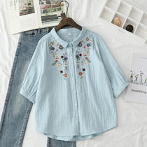 Japanese Style Embroidered Floral Cotton Blouse