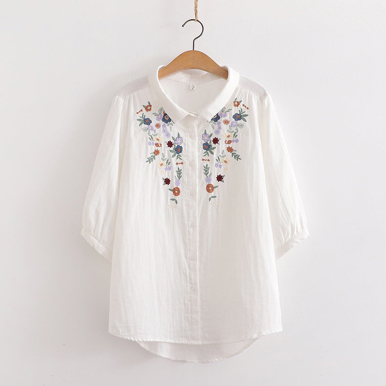 Japanese Style Embroidered Floral Cotton Blouse Secondary image