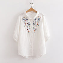 Japanese Style Embroidered Floral Cotton Blouse