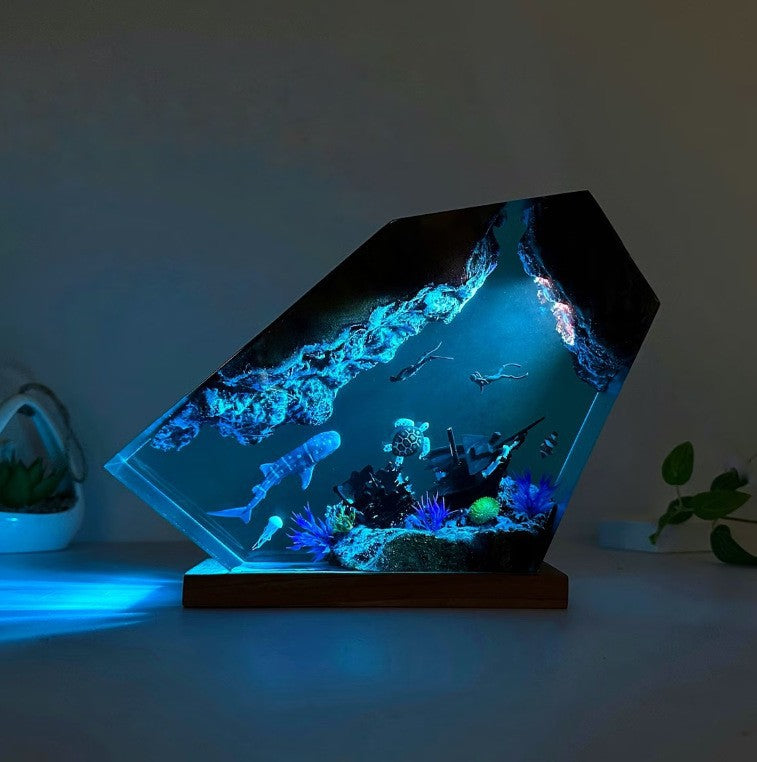 Whale Turtle Human Diving Resin Lamp