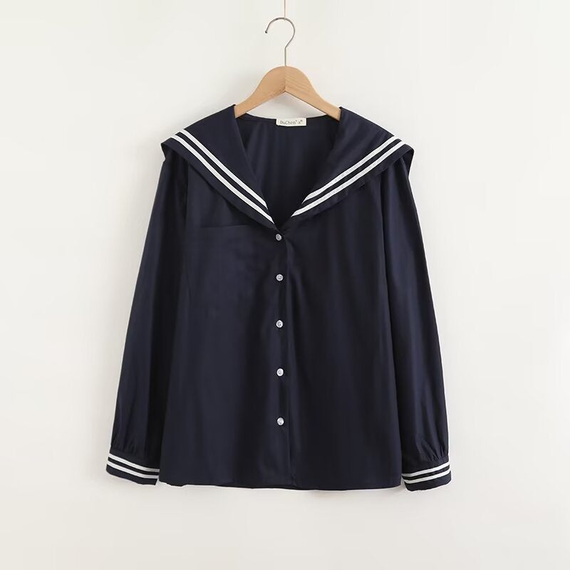 Contrast Sailor Collar Long Sleeve Shirt Blouse