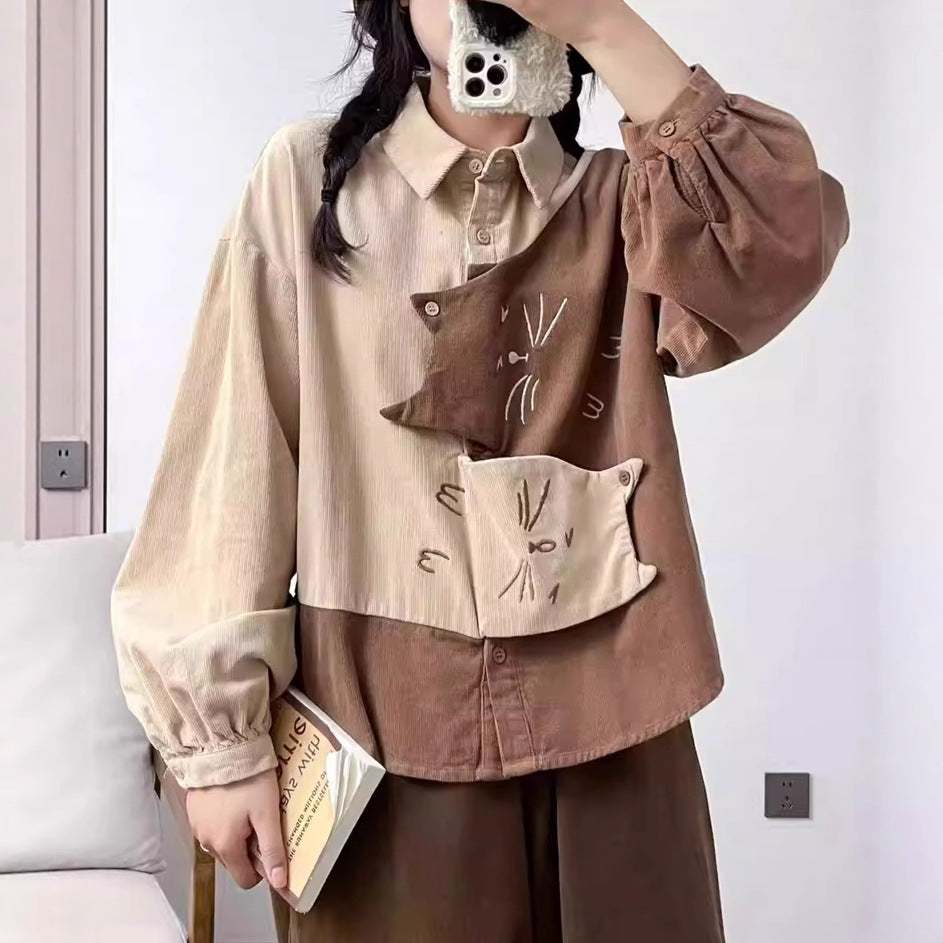 Contrast Color Patchwork Embroidered Corduroy Lapel Long-sleeved Cat Shirt Secondary image