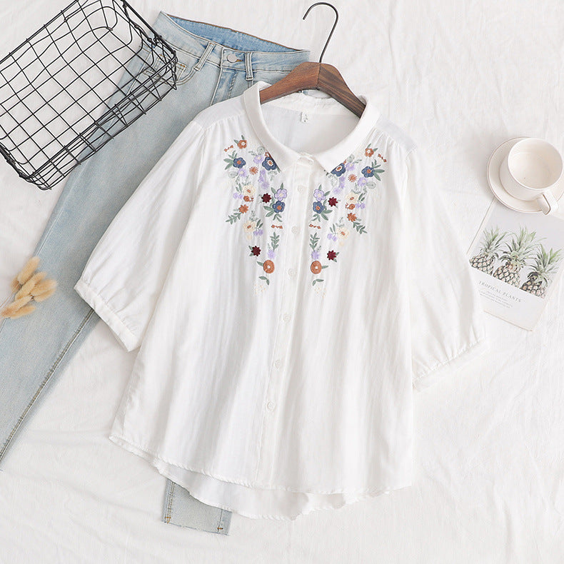 Japanese Style Embroidered Floral Cotton Blouse Main image
