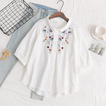 Japanese Style Embroidered Floral Cotton Blouse