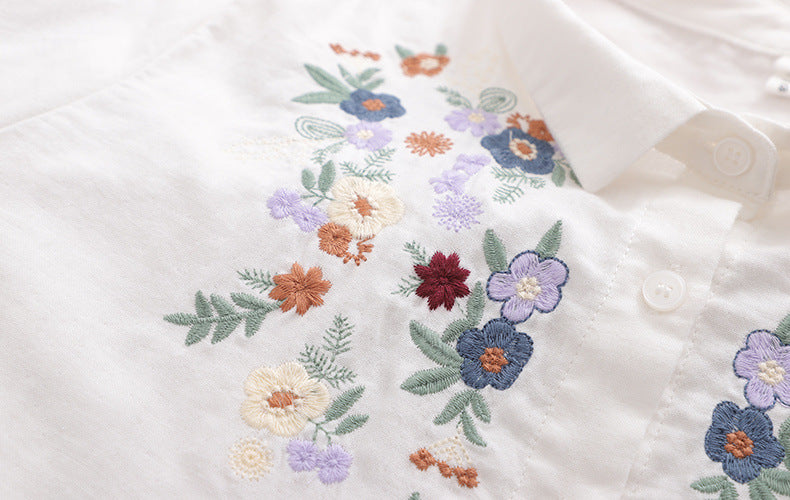 Japanese Style Embroidered Floral Cotton Blouse